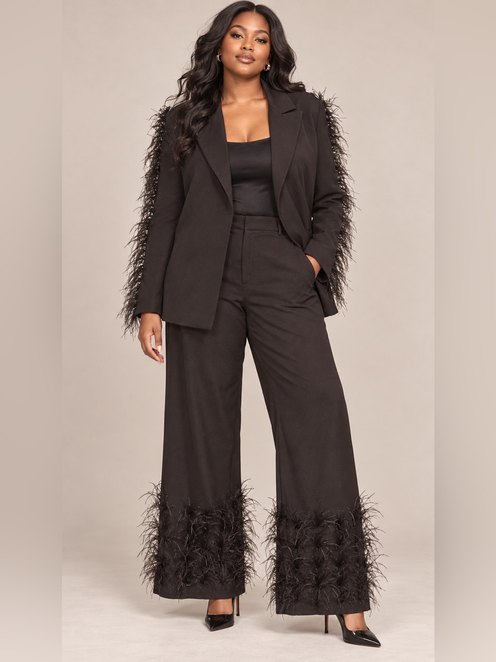 Feather-Trim Black Pantsuit — Size Large